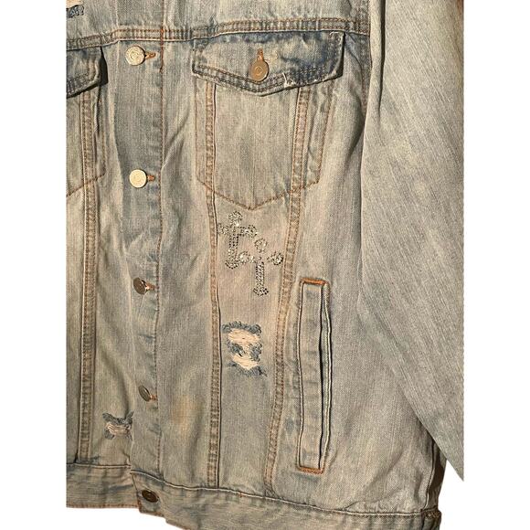 Forever 21 Reworked Distressed Grunge Denim Jean Jacket Large - Picture 7 of 13